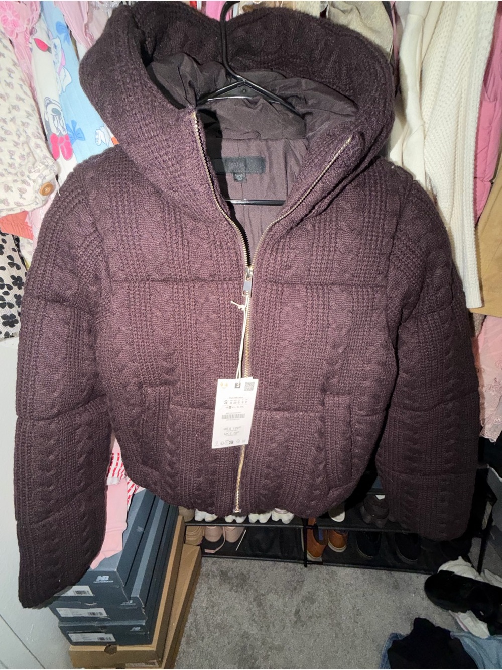 Zara Women's Quilted Knit Hooded Puffer Jacket - Dark Brown